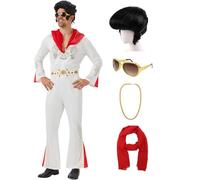 Coseaon Disfraz de Rey Rock 'N Roll Adulto Disco Hombre de Años 70 Cantante Carnaval Set con Peluca, gafas de sol, Pañuelo, Cinturón y Collar (L)