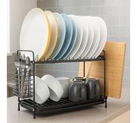 Coselena Escurridor de platos de 2 niveles | Escurridor de platos antideslizante con soporte para utensilios | Estante de almacenamiento de cocina negro | Estante de escurridor que ahorra espacio para