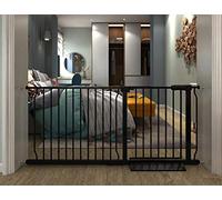 COSEND Puertas de seguridad extra anchas para interiores de metal negro con gran presión para mascotas que pasan a través de la puerta de seguridad larga para la casa o escaleras (146158 cm),