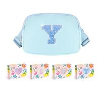 COSHAYSOO Cangurera pequeña con parche de letra inicial, correa ajustable para mujeres, adolescentes, niñas, niños, correr, viajar, bolso cruzado de viaje a la moda (negro, marfil, azul, rosa), Azul,