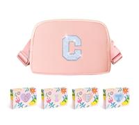 COSHAYSOO Cangurera pequeña con parche de letra inicial, correa ajustable para mujeres, adolescentes, niñas, niños, correr, viajar, bolso cruzado de viaje a la moda (negro, marfil, azul, rosa),
