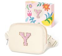 COSHAYSOO Riñonera de cintura pequeña con parche de letra inicial, correa ajustable para mujeres, adolescentes, niñas, viajes, gimnasio, senderismo, bolso cruzado de viaje cruzado a la moda, Ivory