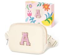 COSHAYSOO Riñonera de cintura pequeña con parche de letra inicial, correa ajustable para mujeres, adolescentes, niñas, viajes, gimnasio, senderismo, bolso cruzado de viaje cruzado a la moda, Ivory