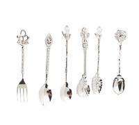 Cosiki Juego de Tenedor y Cuchara Retro Vintage de Aleación de Zinc para Mezclar Bebidas, café, Leche, Cocina, 6 Piezas para el Hogar, Bar, Cafetería, Cubiertos Estilo Corte Europeo, Oro, Plata, (#2)