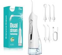 COSLUS C20 Irrigador Bucal Portatil Flosser: 300ML Irrigador Dental Inalámbrico de Riego para Limpieza Dental Doble chorro de agua IPX7 Impermeable Limpieza Diente Para Hogar baño Viajes Luz Blanco