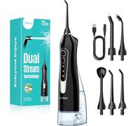 COSLUS Irrigador Bucal Portatil Flosser: 300ML Irrigador Dental Inalámbrico de Riego para Limpieza Dental Doble chorro de agua IPX7 Impermeable Limpieza Diente Para el Hogar baño y los Viajes Negro