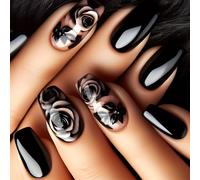 Cosmeria 24 Piezas Rosas Negras Prensa en Uñas de Longitud Media Brillante Acrílico Artificial Uñas Con Gel Pegamento Para Mujeres Niñas