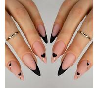 Cosmeria Clavos adhesivos de encaje francés negro medio con diseño de corazón línea dorada 24 piezas uñas de almendra artificial para mujeres niñas manicura