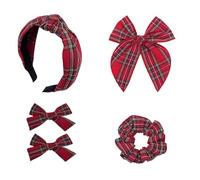 Cosmeria Juego de 4 lazos para el pelo a cuadros, con diadema a cuadros, lazos y gomas para el pelo, para diferentes peinados y ocasiones, rojo, L