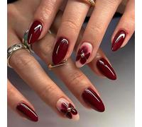 Cosmeria Press on Nails rojas con diseño de flores, 24 uñas postizas medianas de acrílico para mujeres, set de manicura DIY
