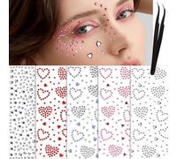 Cosmeria Tatuajes Faciales Brillantes con Piedras, 5 Hojas de Joyas Faciales en Forma de Corazón en Diversos Colores, Piedras Adhesivas para Carnaval y Fiestas