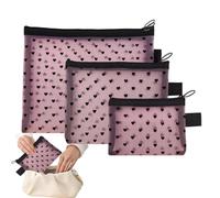 Cosmetic Bag - 3 Piece Heart Print Mesh Zippered Storage Pouch,Travel Toiletry Storage Bag | for College Work Gym School Girls Women Office Home
