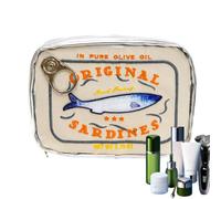 Cosmetic Bag | Canned Sardine Fish Design | PU Leather Makeup Organizer | Cute PU Leather Cosmetic Bag With Embroidered Sardine Can Design Stores Makeup, Lipstick, Skincare, Shampoo, And Beauty Essen