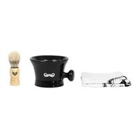 COSMETIC CLUB - SC29532 Set de Cuidado de Barba 3 Accesorios, Bol de Afeitado de Gres, Brocha, Toalla, Formato Compacto 7,5x10,8x8 cm, Ideal para Viaje, Hombre, Negro