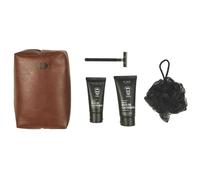 COSMETIC CLUB - SC40043 Set de Cuidado Corporal para Hombre, 5 Accesorios: Gel de Ducha, Espuma de Afeitar, Esponja de Baño, Tijeras de Uñas, Perfume Madera de Cachemira, Diseño Marrón Negro