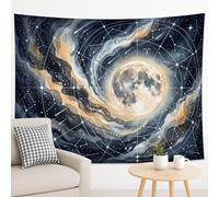 Cosmic Calm - Tapiz celestial para colgar en la pared, color azul oscuro y dorado, obra de arte decorativa astral para sala de estar, dormitorio, estilo bohemio, 228 x 178 cm