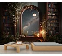 Cosmic Library - Papel pintado con diseño de galaxia y luna, estantería de madera, para sala de estar, dormitorio, póster mural, 450 x 300 cm