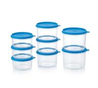 COSMOPLAST Set de 8 cajas herméticas para frigorífico y congelador 8 recipientes redondos para alimentos en polipropileno sin BPA de 0,75 L, 1 L y 1,5 L | Apilables | Fabricado en Italia | Para