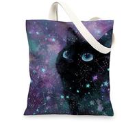 Cosmos - Bolsa de lona reutilizable con diseño de gato galaxia, bolsas ligeras con correa para el hombro, Negro -, 13x15 Inch