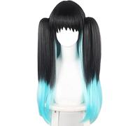 Cosplay Wig Anime Cosplay Demon Slayer Peluca, Mujer Negro Azul Gradiente Dos Coletas Peluca for Kimetsu No Yaiba Tokitou Muichirou Juego de rol Pelucas con gorro de peluca, for fiesta Halloween