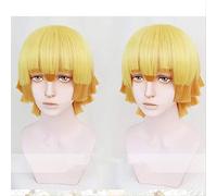 Cosplay Wig Anime Demon Slayer: Kimetsu no Yaiba Zenitsu Agatsuma, Peluca Corta marrón Dorada, Pelo Resistente al Calor, Pelucas de Cosplay + Gorra + Pista