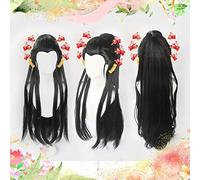 Cosplay Wig Demon Slayer Kimetsu No Yaiba Daki Negro Largo Recto Cosplay Pelo sintético Resistente al Calor Halloween Carnaval + Gorro de Peluca Gratis