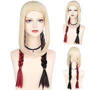 Cosplay Wig Peluca de Anime Cosplay Peluca Negra y roja for Mujer Peluca Trenzada Rubia con coletas Dobles Pelucas largas y Rectas (New Suicide Squad Harley Quinn)