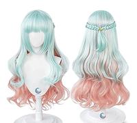 Cosplay Wig Peluca Kuon Shinzaki, Peluca de Cosplay de invasión de Gran Altura, Peluca Larga Azul rizada con Flequillo, Accesorios de Peluca Ondulada con Degradado Azul Claro y Rosa