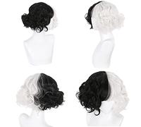 Cosplay Wig Pelucas de Cosplay for Cruella de Vil, Pelo Corto en Blanco y Negro for Disfraz de Mujer, Pelucas onduladas Resistentes al Calor for Halloween, Navidad, Carnaval, Fiesta