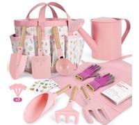 cossy Herramientas de Jardinería, Kit Jardinería para Niños de 13 Piezas, Herramientas para Huerto, Bolsa de Transporte, Regadera, Palas, Rastrillo, Guantes de Jardinería, Delantal, Rosa