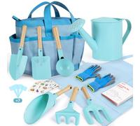 cossy Herramientas de Jardinería, Kit Jardinería para Niños de 13 Piezas, Herramientas para Huerto, Bolsa de Transporte, Regadera, Palas, Rastrillo, Guantes de Jardinería, Delantal, Azul