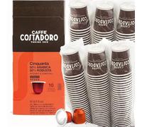 Costadoro Cinquanta, 100 cápsulas compatibles con Nespresso®*, 50% Arábica y 50% Robusta Premium, 10 Cajas de 10 Cápsulas Cada una + 100 Vasos Compostables