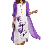 Costaric Vestido midi floral fluido para mujer con chaqueta, conjunto de 2 piezas, manga 3/4, vestido de gasa para invitada de boda, C6 Purple, M