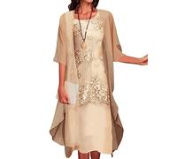 Costaric Vestido midi floral fluido para mujer con chaqueta, conjunto de 2 piezas, manga 3/4, vestido de gasa para invitada de boda, A5 beige., M