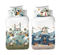 Coste Deco - Juego de funda nórdica reversible de 140 x 200 cm, diseño de piratas y caballeros + 1 funda de almohada de 63 x 63 cm reversible - Tema "en guardia" de microfibra