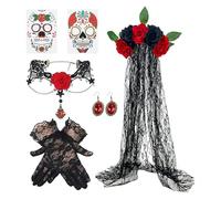 Costume - Tejido de encaje 39 x 100 cm | Gargantilla de encaje | Día mexicano incluye un día de la cabeza de flor muerta, gargantilla, guantes negros y pendientes de gema, eventos temáticos de cosplay