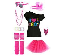 Costumes genéricos de los años 80 para mujer, trajes de los años 80 para mujer, camiseta falda tutú | Disfraz de cosplay 1980, top con hombros descubiertos, conjunto de accesorios de disfraz, ropa de
