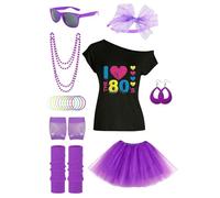 Costumes genéricos de los años 80 para mujer, trajes de los años 80 para mujer, camiseta falda tututú, top con hombros descubiertos, disfraz de cosplay de la década de 1980, pulseras collar diadema