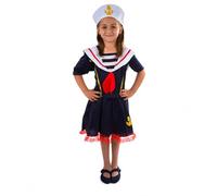 Costumizate! Disfraz de Marinera infantil en varias tallas. Vestido náutico azul marino, blanco y rojo para carnaval, fiestas escolares y eventos temáticos. (7-9 Años)