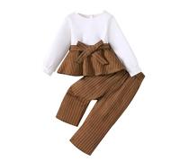 Costuras sólidas rayas niñas pantalones traje 2PC bebé camisa conjunto, marrón, 2-3 años