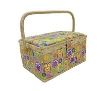 Costurero de Madera, Caja de Costura Forrada en Tela con 8 Compartimentos, Organizador con Alfiletero, Caja de Almacenamiento con Asa y Bandeja, (Buhos, Mediana)