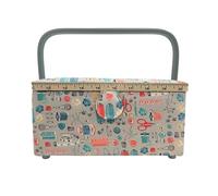 Costurero de Madera, Caja de Costura Forrada en Tela con 8 Compartimentos, Organizador con Alfiletero, Caja de Almacenamiento con Asa y Bandeja, (P12, Mediana)