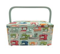 Costurero de Madera, Caja de Costura Forrada en Tela con 8 Compartimentos, Organizador con Alfiletero, Caja de Almacenamiento con Asa y Bandeja, (P13, Mediana)