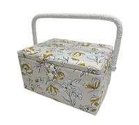 Costurero de Madera, Caja de Costura Forrada en Tela con 8 Compartimentos, Organizador con Alfiletero, Caja de Almacenamiento con Asa y Bandeja, (P5, Mediana)