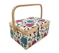 Costurero de Madera, Caja de Costura Forrada en Tela con 8 Compartimentos, Organizador con Alfiletero, Caja de Almacenamiento con Asa y Bandeja, (Hilos, Mediana)