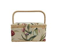 Costurero de Madera, Caja de Costura Forrada en Tela con 8 Compartimentos, Organizador con Alfiletero, Caja de Almacenamiento con Asa y Bandeja, (Tulipan, Pequeña)