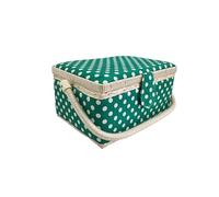 Costurero de Madera, Caja de Costura Forrada en Tela con 8 Compartimentos, Organizador con Alfiletero, Caja de Almacenamiento con Asa y Bandeja, (Puntos Verde, Pequeña)