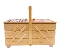 Costurero en madera contrachapada con 7 compartimentos y funda de tela, diseño de aguja en color natural, 42 x 20 x 21 cm