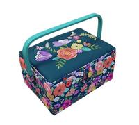 Costurero Grande de Madera, Caja de Costura Forrada en Tela con 8 Compartimentos, Organizador con Alfiletero, Caja de Almacenamiento con Asa y Bandeja, (M1, Mediana)