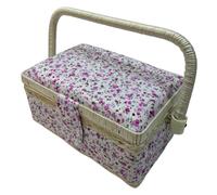 Costurero Pequeño de Madera, Caja de Costura Forrada en Tela con 8 Compartimentos, Organizador con Alfiletero, Caja de Almacenamiento con Asa y Bandeja, (Flor rosa, Pequeña)